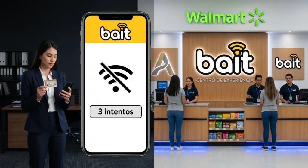 Mujer agotando los 3 intentos de registro de chip Bait en línea con su INE, junto a un Centro de Experiencia Bait en Walmart.