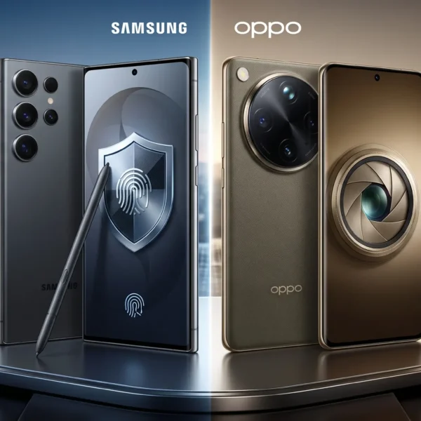 Comparación visual dividida de Samsung Galaxy S26 Ultra y OPPO Find X9 Ultra, destacando el S Pen de Samsung y la cámara de OPPO, ambos con chips Qualcomm.