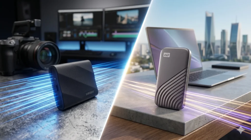 Comparativa visual de los SSD portátiles Samsung T9 y WD My Passport SSD junto a equipos de edición y laptops.