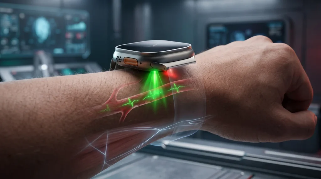 Primer plano de un reloj inteligente de alta tecnología en la muñeca, mostrando sensores biométricos de luz, una visualización de ECG superpuesta sobre vasos sanguíneos y un mapeo conceptual de bioimpedancia corporal.