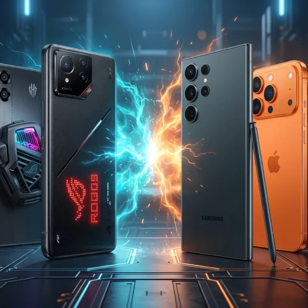 Una imagen de portada de blog tecnológica con los mejores celulares gamers de alta gama y gaming, incluyendo REDMAGIC 11 pro, rog phone 9, Galaxy s26 ultra, iPhone 17 pro max, poco f8 pro, oneplus 15.