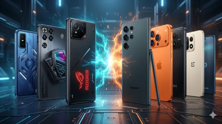 Una imagen de portada de blog tecnológica con los mejores celulares gamers de alta gama y gaming, incluyendo REDMAGIC 11 pro, rog phone 9, Galaxy s26 ultra, iPhone 17 pro max, poco f8 pro, oneplus 15.