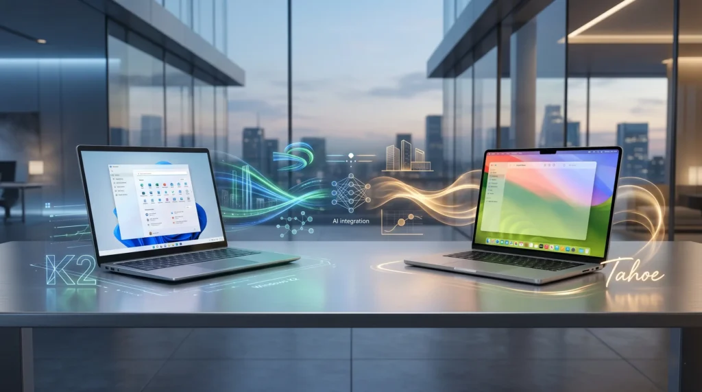 Comparativa visual entre Windows K2 y macOS Tahoe en laptops de alta gama, destacando interfaces modernas con IA integrada en un entorno de oficina premium.