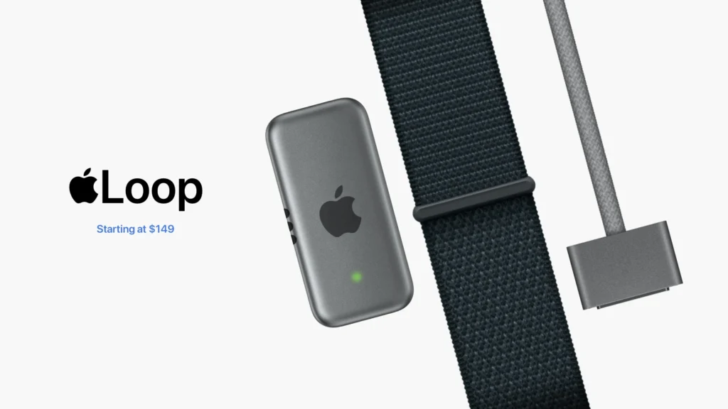 Kit conceptual de Apple Loop: módulo de aluminio gris con LED, correa tejida negra y cable de carga, desde 149 dólares.