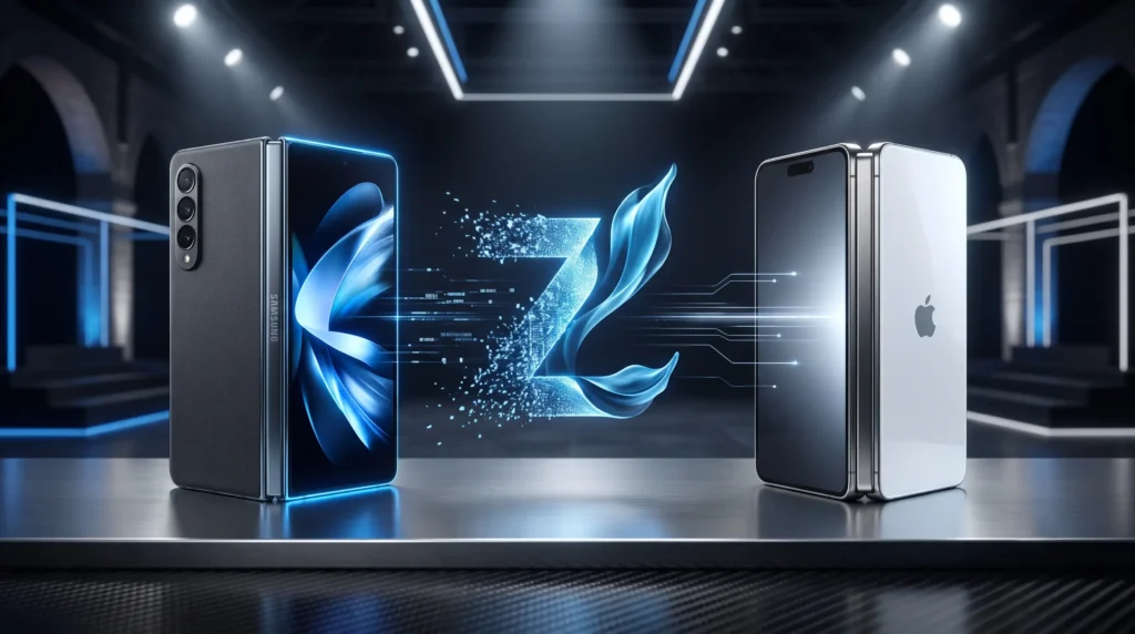 Samsung Galaxy Z Fold y iPhone plegable frente a una Z holográfica azul en un escenario tecnológico de vanguardia.