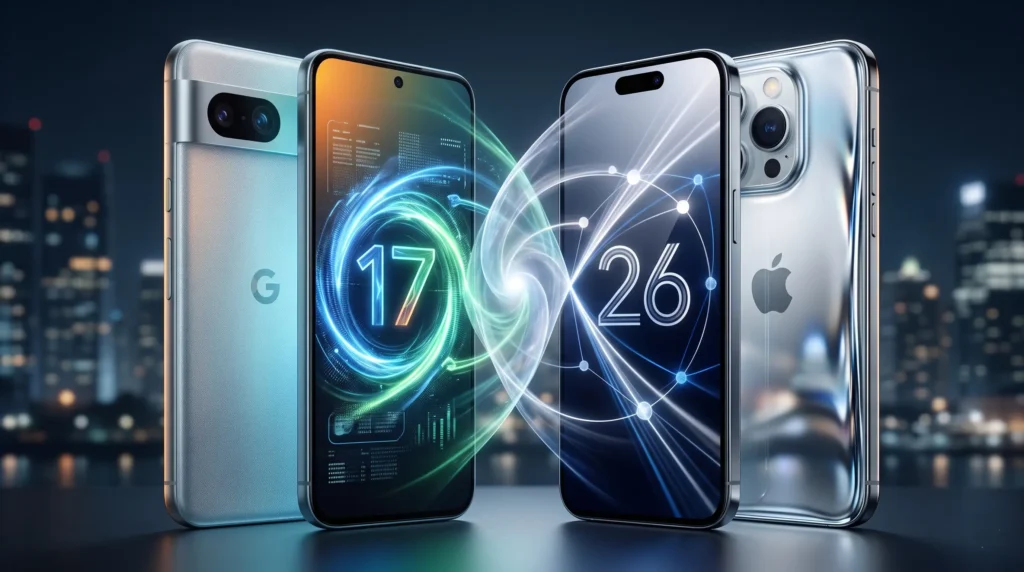 Comparación visual de smartphones Android 17 (Google Pixel) y iOS 26 (Apple iPhone). Muestra dispositivos de frente y de espaldas con interfaces gráficas y energía luminosa en un paisaje urbano nocturno, representando la rivalidad de sistemas operativos.