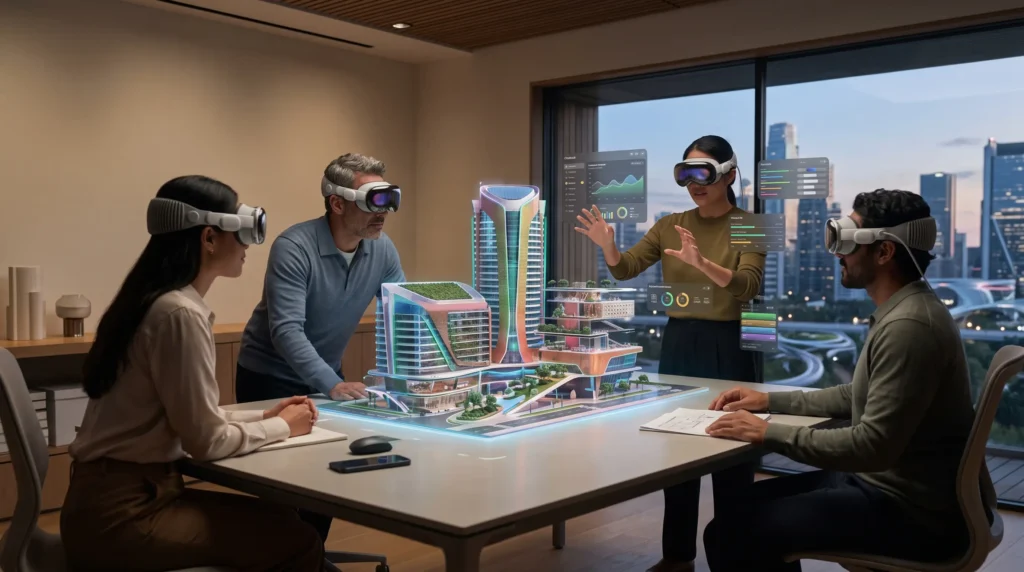 Equipo con Apple Vision Pro 2 colaborando alrededor de un holograma 3D interactivo de un rascacielos futurista y datos digitales en una oficina moderna por la noche.