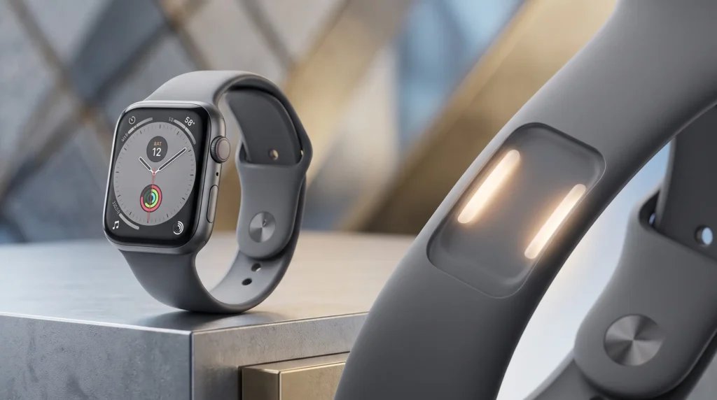 Apple Watch Series 12 con correa de fluoroelastómero gris, con un primer plano que revela sensores de salud integrados que brillan cálidamente.
