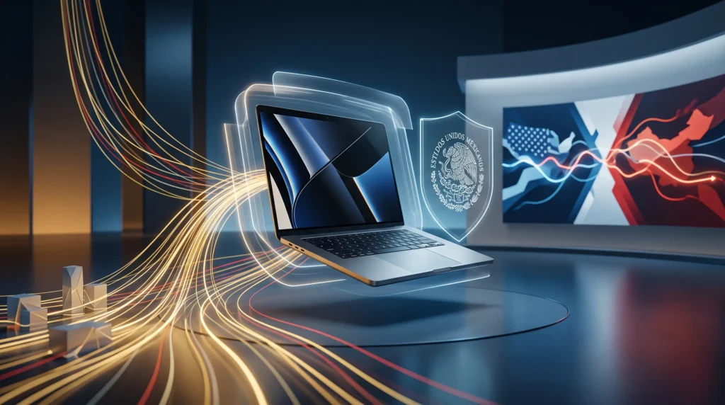 Conceptualización visual de los aranceles de tecnología de México y la guerra comercial EE. UU.-China: una laptop premium flotando rodeada de flujos de datos globales y escudos holográficos de la bandera de México.