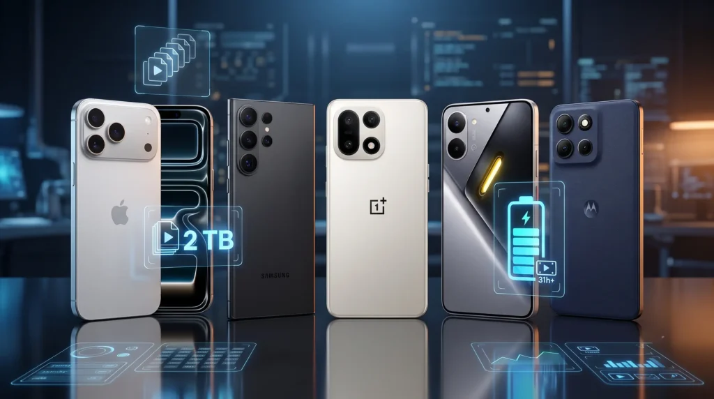Fila de teléfonos inteligentes de 2026 en un laboratorio tecnológico. Muestra superposiciones de datos flotantes indicando "2 TB" de almacenamiento y una batería de "8500 mAh" para destacar los modelos con mayor capacidad y autonomía.