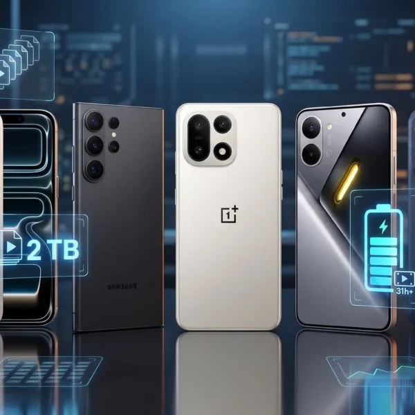 Fila de teléfonos inteligentes de 2026 en un laboratorio tecnológico. Muestra superposiciones de datos flotantes indicando "2 TB" de almacenamiento y una batería de "8500 mAh" para destacar los modelos con mayor capacidad y autonomía.