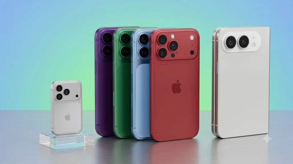 Render conceptual de una línea de Apple iPhone 18 en varios colores, incluyendo un iPhone fold plegable blanco y modelos en rojo, verde, azul y morado, sobre una superficie metálica.