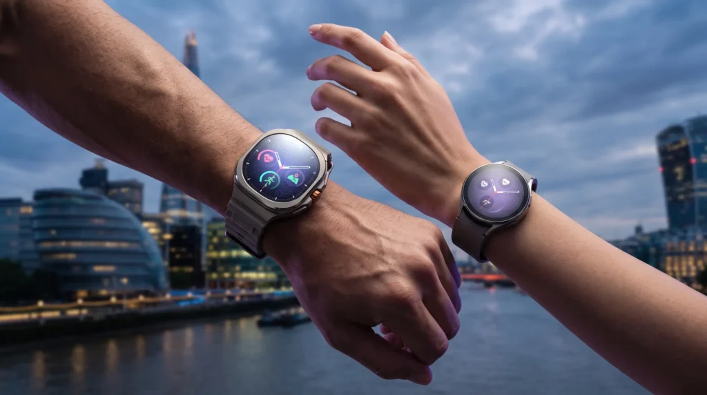 Dos relojes inteligentes Samsung, Galaxy Watch 9 y Galaxy Watch Ultra 2, en muñecas sobre el skyline de Londres al atardecer.