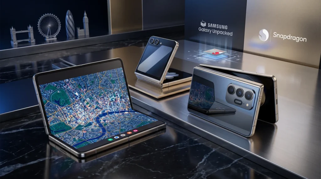 Imagen de portada de blog sobre los rumoreados Samsung Galaxy Z Fold 8 y Z Flip 8, con un chip Snapdragon y logotipos de Galaxy Unpacked en un showroom en Londres.