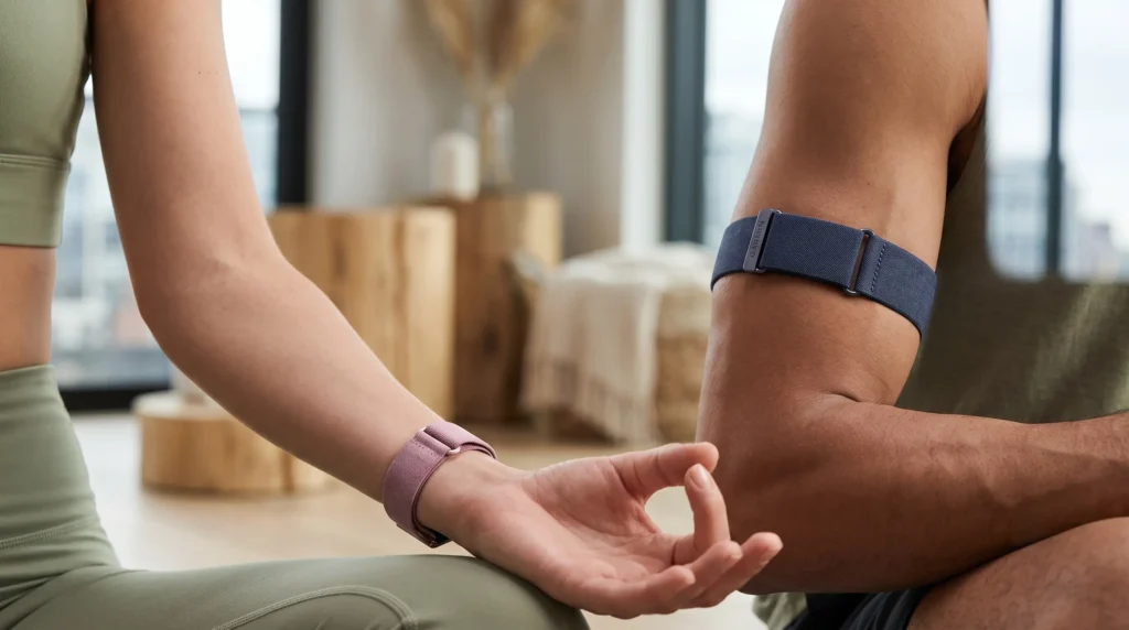 Garmin CIRQA Smart Band: rastreador de bienestar sin pantalla usado en la muñeca y el brazo por dos personas durante meditación.