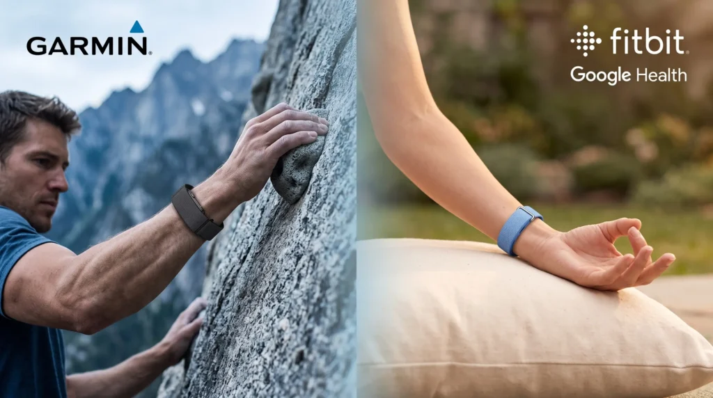 Comparación de rastreadores de actividad: escalada de roca con wearable Garmin CIRQA versus meditación con pulsera Fitbit Air.