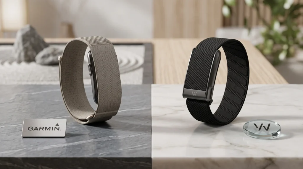 Comparación visual de Garmin CIRQA beige vs. Whoop 5.0 negra sobre superficies de mármol contrastantes.