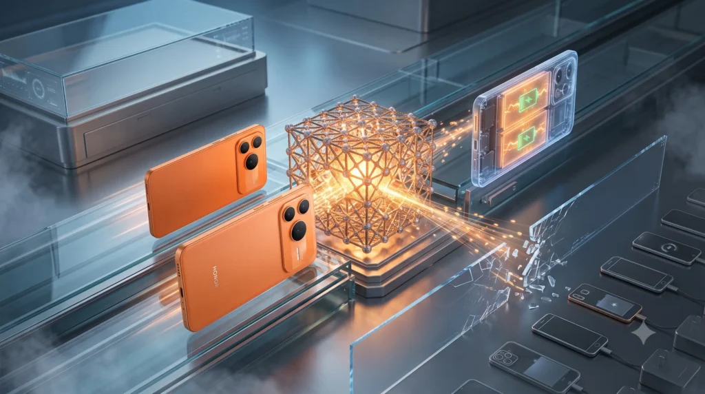 Dos smartphones Honor Power 2 naranjas con un núcleo de energía de batería de silicio-carbono de gran capacidad de 10,000 mAh en un laboratorio futurista.