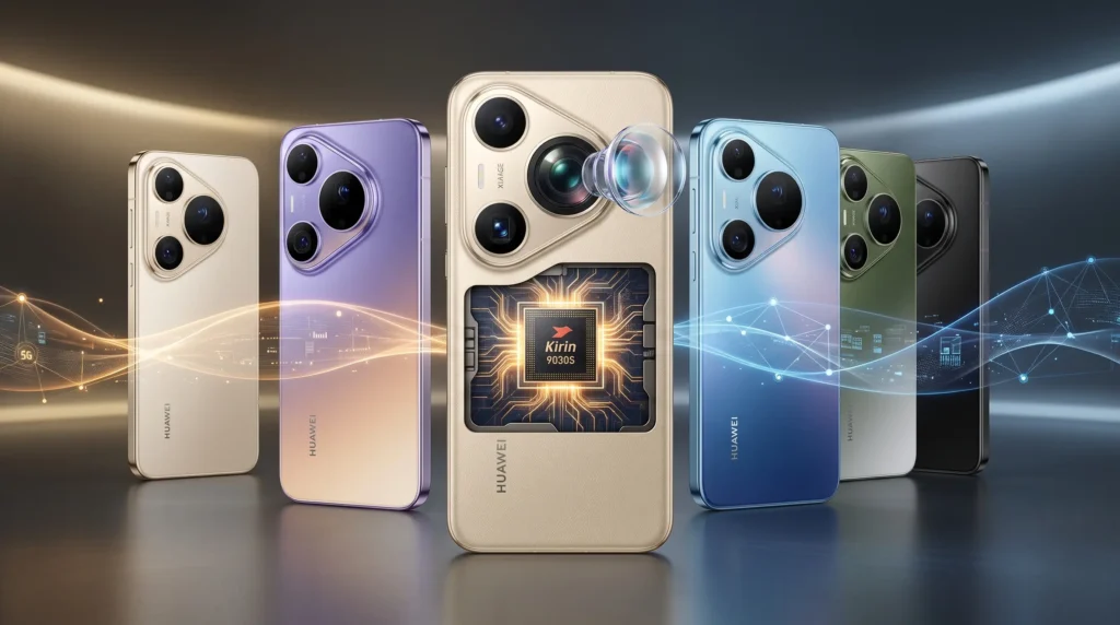 Varios smartphones Huawei Pura 90s Pro Max de colores, con un modelo central dorado que destaca su cámara teleobjetivo de 200 MP y chip Kirin 9030S 5G.