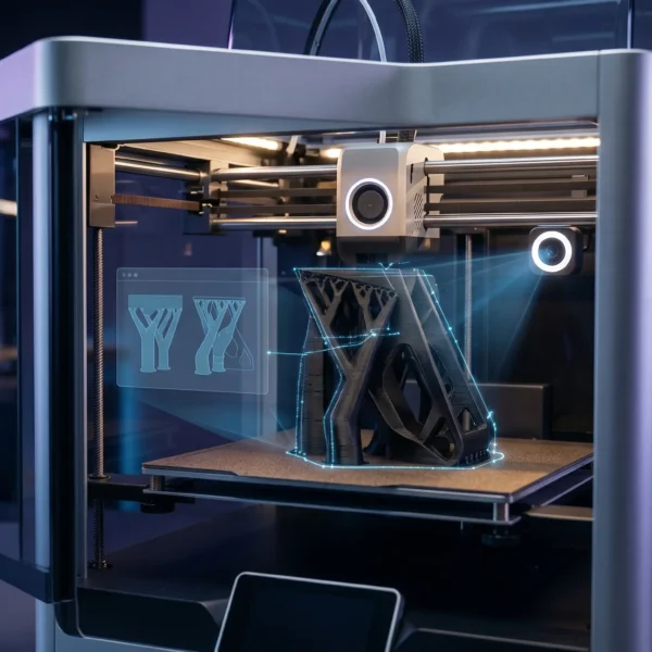 Impresora 3D de alta tecnología utilizando un slicer con inteligencia artificial para generar soportes adaptativos.