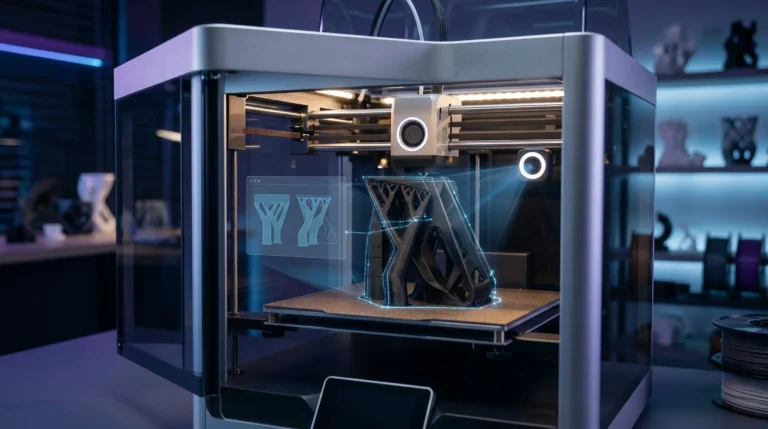 Impresora 3D de alta tecnología utilizando un slicer con inteligencia artificial para generar soportes adaptativos.