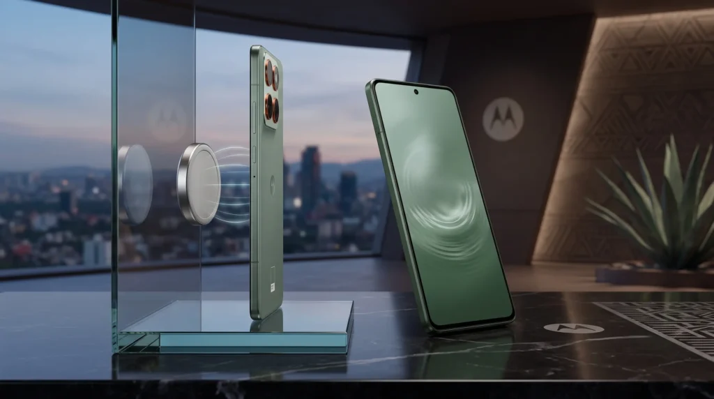 Dos smartphones Motorola Edge 70 verdes; uno de perfil con cargador magnético Qi2 y el otro de frente con pantalla encendida, sobre una mesa con vista a la ciudad.
