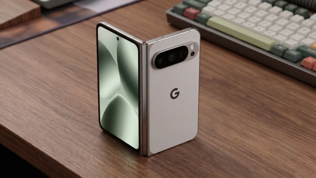 Google Pixel Fold de color porcelana de pie sobre un escritorio de madera, mostrando la pantalla interna y la barra de cámara trasera con el logo 'G'.