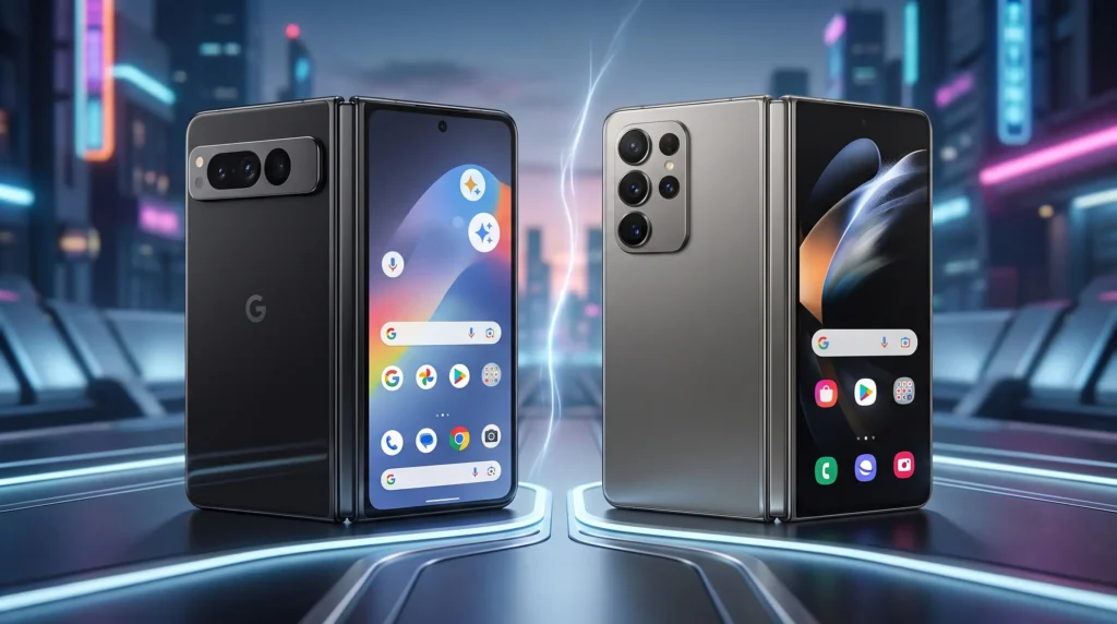 Comparación fotorrealista de teléfonos inteligentes plegables futuristas, uno estilo Google Pixel Fold y otro estilo Samsung Galaxy Z Fold, en un entorno de ciudad ciberpunk con neón.