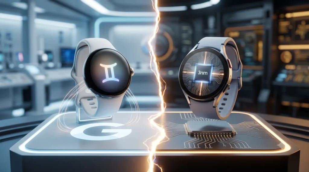 Pixel Watch 5 vs Galaxy Watch 9. Comparación de dos smartwatches premium en un laboratorio tech futurista, uno con logo de Gemini IA y otro con chip de 3nm.