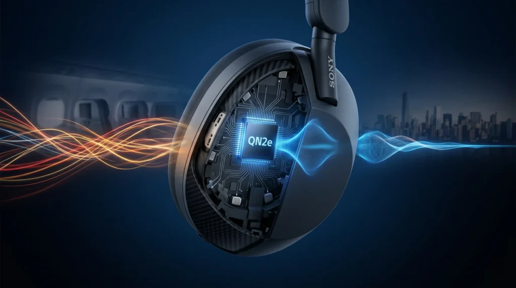 Vista de primer plano de los auriculares con cancelación de ruido Sony WH-1000XM6, que muestra la estructura interna recortada con el procesador QN2e dedicado para una reducción de ruido superior en comparación con Apple y Bose, en un entorno de avión y paisaje urbano de 2026.