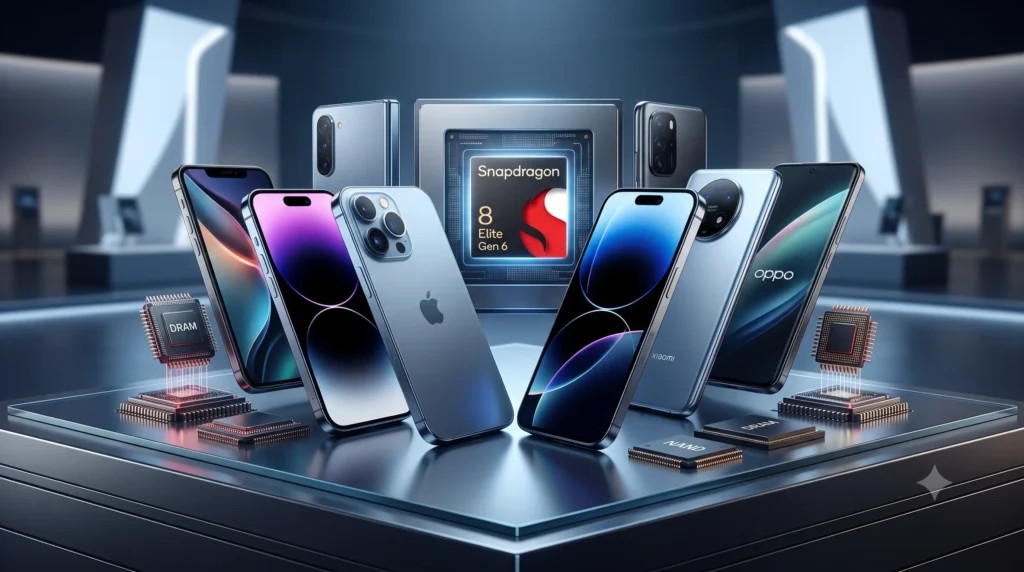 Una imagen de portada tecnológica premium que muestra una selección de smartphones insignia (Apple, Xiaomi, Oppo) rodeando el procesador Snapdragon 8 Elite Gen 6, con chips de memoria DRAM y NAND, que ilustra la competencia de mercado y los costos de componentes.
