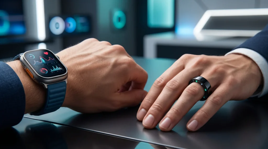 Primer plano de manos profesionales comparando un reloj inteligente avanzado con métricas de salud (smartwatch) y un anillo inteligente minimalista con sensores para monitoreo de salud 2026.