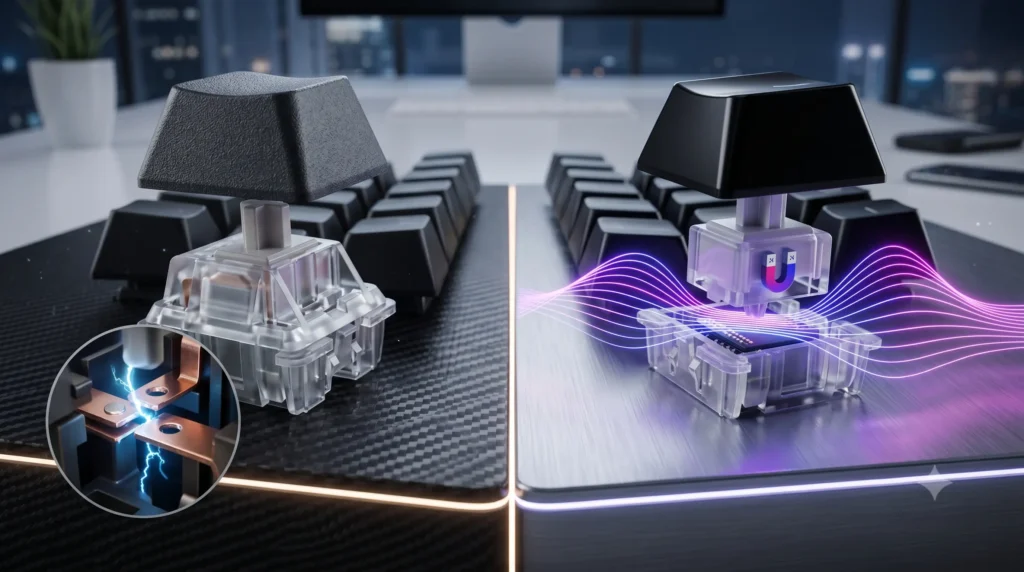 Comparación visual de switches de teclado: mecánico tradicional (izquierda) vs. Hall Effect magnético (derecha).