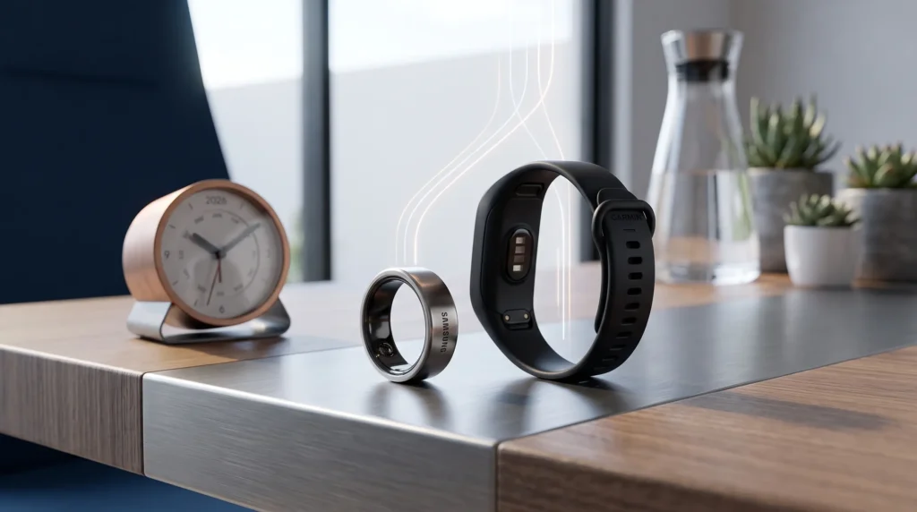 Anillo inteligente Samsung Galaxy Ring y pulsera de fitness sobre un escritorio moderno con tecnología de datos.
