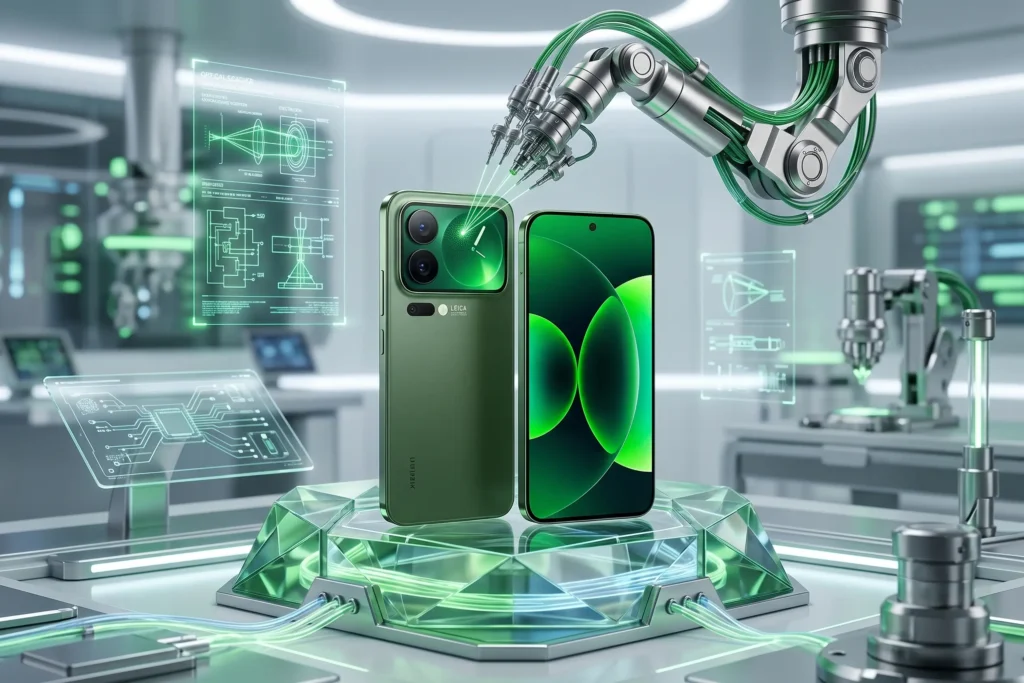 Smartphone Xiaomi 18 pro verde con cámara Leica bajo prueba de precisión robótica en laboratorio tecnológico avanzado.