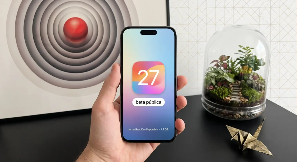 Mano sosteniendo un iPhone que muestra una actualización de beta pública de iOS con el número 27. Terrario de plantas y arte de pared en el fondo.