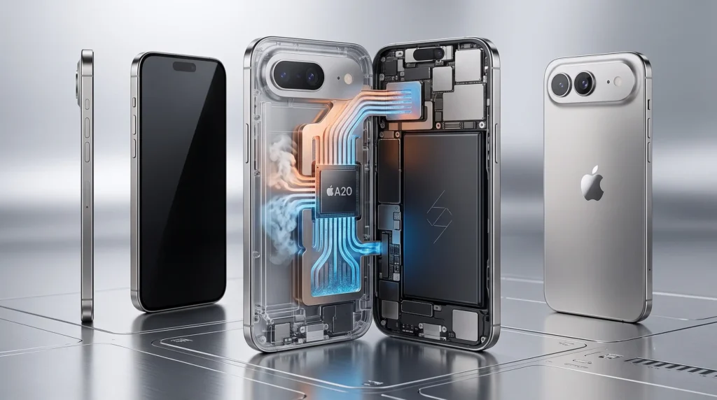 Renderizado 3D de la arquitectura interna de un iPhone air 2 con chip A20 y sistema de refrigeración avanzado por cámara de vapor.