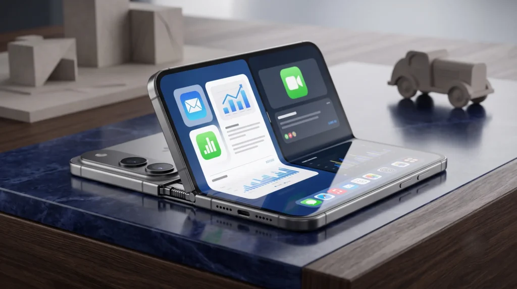 Renderizado fotorrealista de un concepto del iPhone Ultra 2026 plegable de Apple, que muestra su pantalla interna activa con iconos de aplicaciones de iOS.