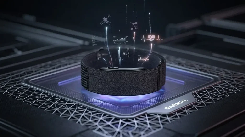 Garmin CIRQA wearable on tech platform, holographic icons for features, "GARMIN" logo visible, high-tech background.