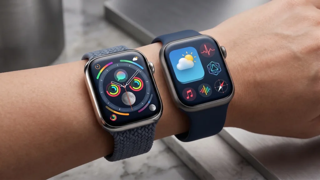 Primer plano de comparación de dos modelos de Apple Watch en una muñeca: caja plateada con correa tejida y caja azul con correa de silicona.