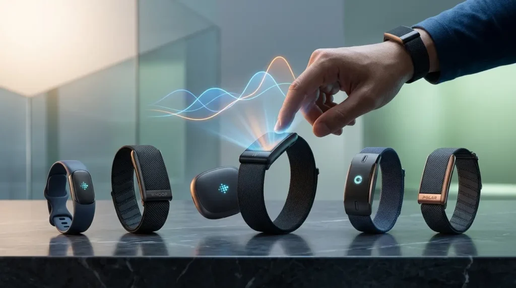 Multiple screenless fitness trackers on display with a hand interacting with digital health data waves.