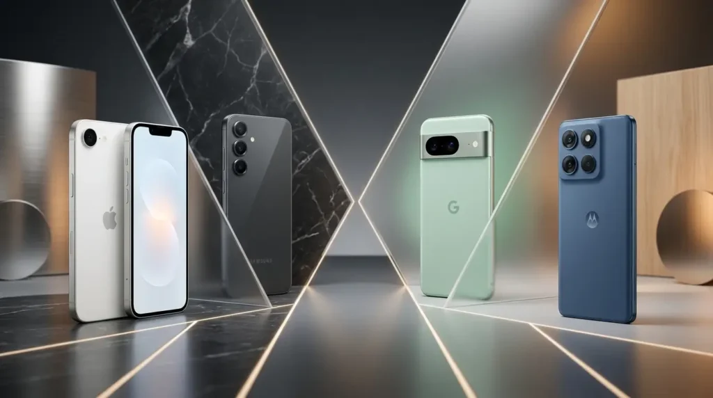 Comparativa visual de celulares compatibles con eSIM en México (2026): iPhone, Samsung Galaxy, Google Pixel y Motorola Edge sobre un escenario de mármol y vidrio.