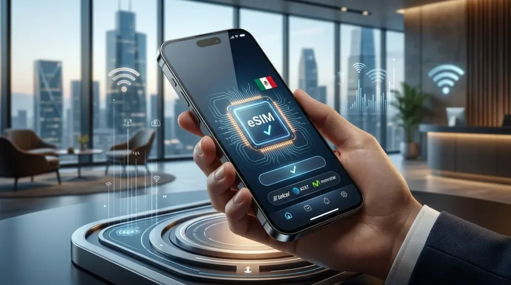 Una mano sosteniendo un smartphone que muestra una activación de eSIM en una pantalla con gráficos de circuitos, la bandera de México y logos de Telcel, AT&T y Movistar, con un fondo de oficina moderna.