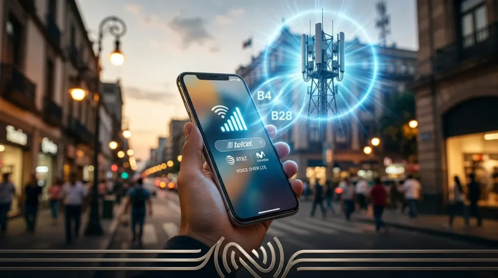 Mano sosteniendo smartphone con logos de Telcel, AT&T y Movistar conectándose a antena 4G/5G en calle de México.