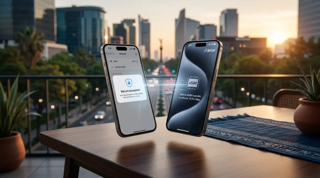 Transferencia de eSIM entre dos iPhone con fondo de Ciudad de México.
