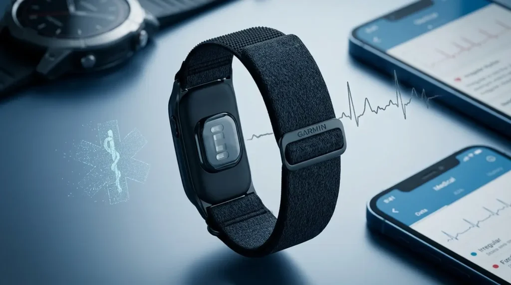Dark blue Garmin wearable fitness tracker with woven fabric band, floating above a blue surface with faint ECG lines and the Garmin logo.