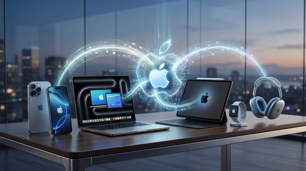 Ecosistema de Apple integrado en un escritorio moderno con iPhone, MacBook, iPad y accesorios.