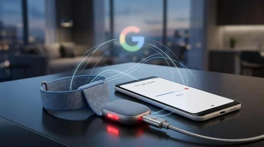 Google Health wearable sync error on phone screen with flashing light.