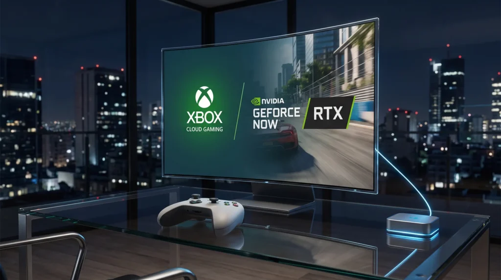 "Setup de juego en la nube con monitor curvo que muestra logotipos de Xbox Cloud Gaming y NVIDIA GeForce NOW RTX ante una vista de ciudad nocturna.