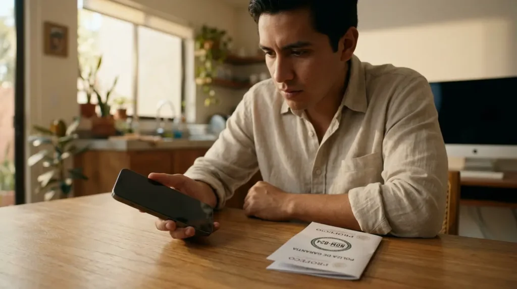 Un hombre joven examina pensativo un teléfono celular inteligente, sentado frente a una mesa de madera donde descansa una Póliza de Garantía de PROFECO con el sello NOM-024.